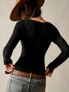 Vintage black long-sleeve slim-fit top with delicate lettuce hem back view for women