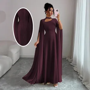 Elegant burgundy evening dress featuring split cape sleeves and a chic choker neckline