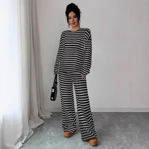 Casual black and white striped long sleeve top and wide leg pants lounge set for women