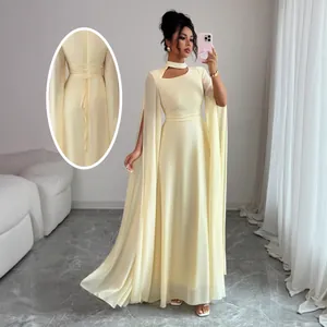 Elegant cream evening gown with cape sleeves and lace-up back detail for formal parties.