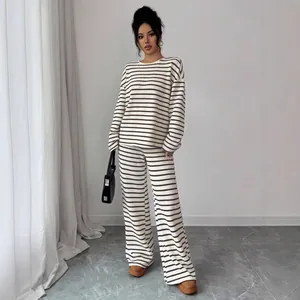 Women's casual striped lounge set with round neck long sleeve top and wide leg pants