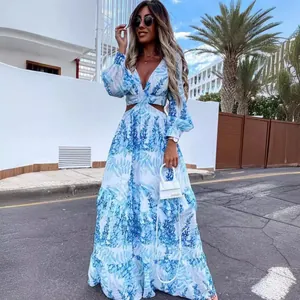 Elegantes langärmeliges Maxikleid mit V-Ausschnitt, Blumendruck und Taillenausschnitt