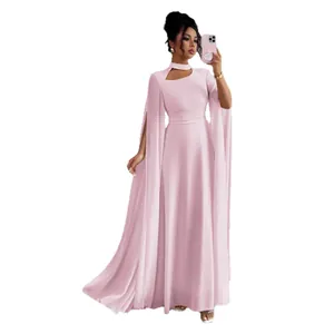 Elegant pink floor-length party dress with stylish cape sleeves and slim fit design