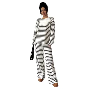Stylish black and white striped long sleeve top and wide-leg pants lounge set for women