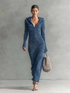 Slim fit blue hooded knit midi dress featuring ribbed texture and buttoned collar detail
