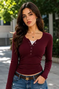 Vista dettagliata della maglietta Henley a coste bordeaux con bordo in pizzo