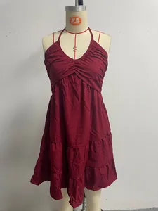 Elegant burgundy halter V-neck tiered ruffle dress for a sexy summer vacation style