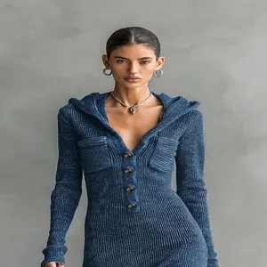 Close-up detail of a blue ribbed knit hooded dress featuring a half-button placket design