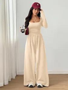Elegant square neck long sleeve wide leg jumpsuit in beige for casual chic styling
