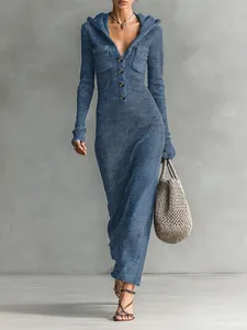 Elegant slim fit blue hooded knitted maxi dress with front buttons and chest pockets