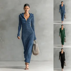 Women Slim Fit Ribbed Knit Maxi Dress Hooded Long Sleeve Button Neck Bodycon Long Sweater Dress With Pockets Polyester