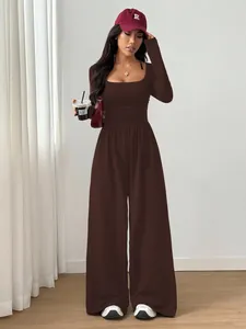 Detailed view of a chocolate square neck long sleeve wide leg jumpsuit for women