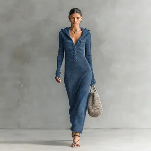 Elegant navy blue hooded knitted midi dress with slim fit and button front