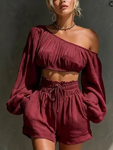 Damen Leinenmischung One-Shoulder Crop Top und Shorts Set mit hoher Taille und Tunnelzug