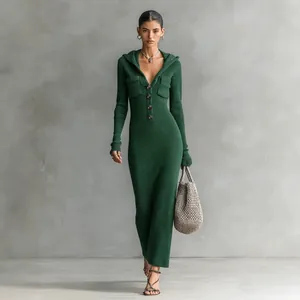 Elegant dark green ribbed knit hooded maxi dress with slim fit and button-front detailing
