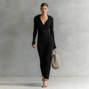 Elegant slim fit black hooded knit maxi dress with long sleeves and front buttons