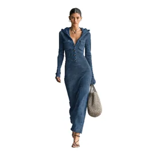 Elegant slim fit blue hooded knitted sweater dress with half-open collar buttons