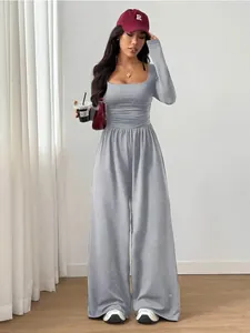 Fashionable square neck long sleeve wide leg jumpsuit in grey with gathered waist detail