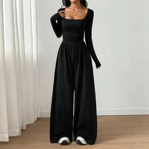 Elegant solid black square neck long sleeve jumpsuit with stylish wide-leg pants for women