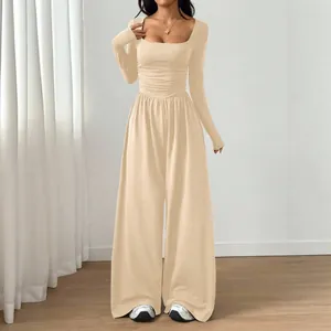 Elegant beige long sleeve square neck jumpsuit with wide leg design for women