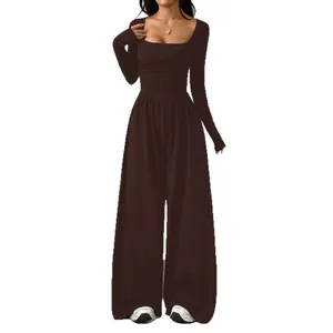 Elegant dark brown long sleeve square neck jumpsuit featuring a wide leg stylish design