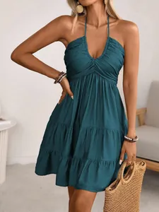 Elegant dark teal halter neck V-neck ruffle dress perfect for summer resort vacations