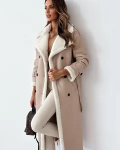 Detail of women's beige long coat with cozy white faux shearling lining and lapels