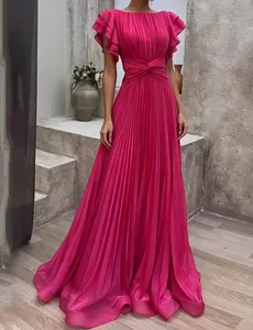 Elegant fuchsia pleated maxi dress with waist twist and tiered ruffle sleeves details.