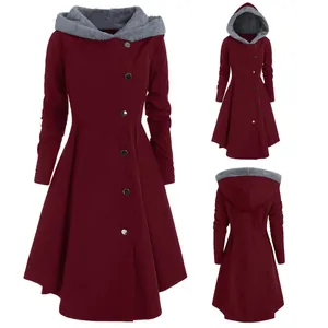 Women Vintage Hooded Woolen Coat Gothic Long Dress Style Single Breasted Polyester Costume For Halloween Christmas Performance