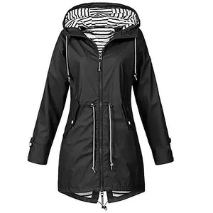 Front view of black waterproof outdoor jacket featuring a stylish striped hood lining