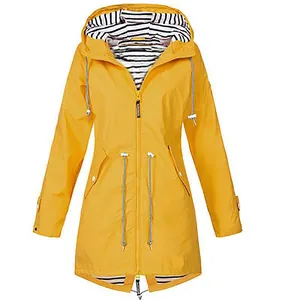 Yellow waterproof hooded raincoat with striped lining and drawstring for outdoor wear