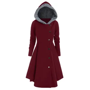 Detailed view of a burgundy hooded long wool coat featuring grey faux fur lining