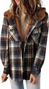 Detailed macro view of women's plaid jacket featuring a warm fleece-lined hood.
