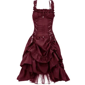 Detailed view of burgundy Victorian Gothic dress with ruffled layers and corset lacing.