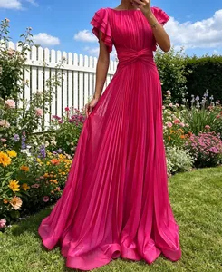 Elegant magenta pleated maxi dress with layered flutter sleeves and knotted waist