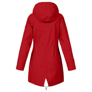 Detailed back view of a red hooded waterproof outdoor jacket with waist drawstring