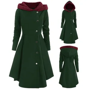 Front and back views of a vintage-style green hooded coat for women with burgundy lining