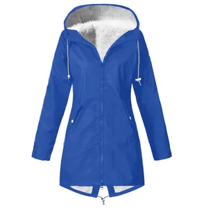 Close-up of blue hooded fleece-lined waterproof jacket with zipper and drawstrings