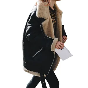 Women's black faux suede aviator jacket with beige shearling lining and lapel collar