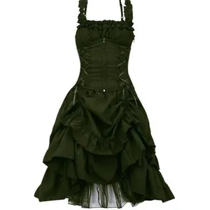 Detail view of dark green gothic dress with corset lacing and ruffled skirt
