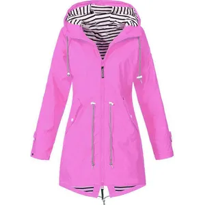 Bright pink women's hooded raincoat with stylish striped lining and drawstring waist detail