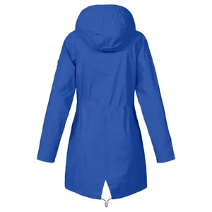 Back view of a blue waterproof hooded outdoor jacket featuring an adjustable drawstring waist