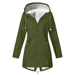 Full front view of olive green waterproof hooded jacket featuring plush white fleece lining
