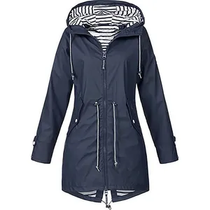 Close-up detail of navy blue waterproof hooded outdoor jacket featuring a striped lining