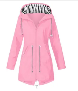 Wasserdichte pinke Damen-Outdoorjacke mit Kapuze, Kordelzug und gestreiftem Futter
