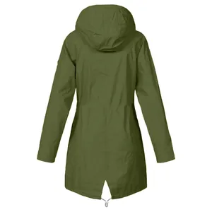 Back view of a longline olive green outdoor hooded rain jacket with a drawstring