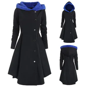 Multiple angles showing a black long flared hooded coat with contrasting blue fleece lining.