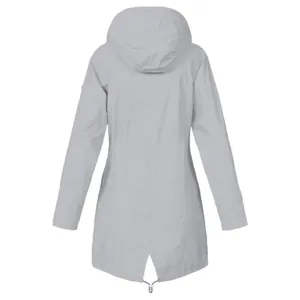 Back view of light grey waterproof hooded raincoat for outdoor hiking and leisure.