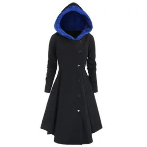 Full view of long black hooded coat with blue plush lining for Halloween cosplay costume