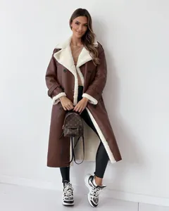 European style Maillard brown long faux leather shearling coat with white fur lining